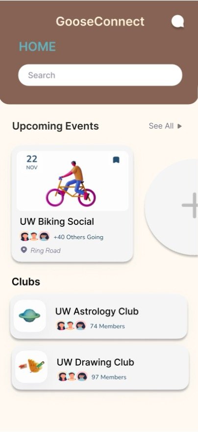 GooseConnect home screen showing upcoming events and clubs