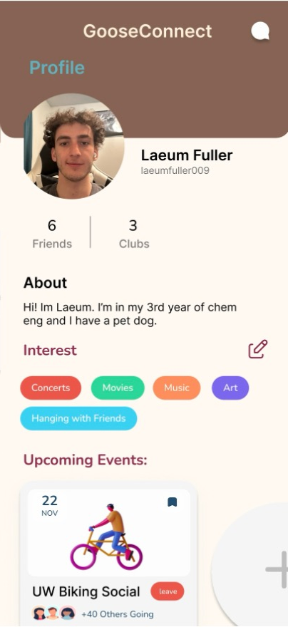 GooseConnect profile screen with interests, friends, and clubs
