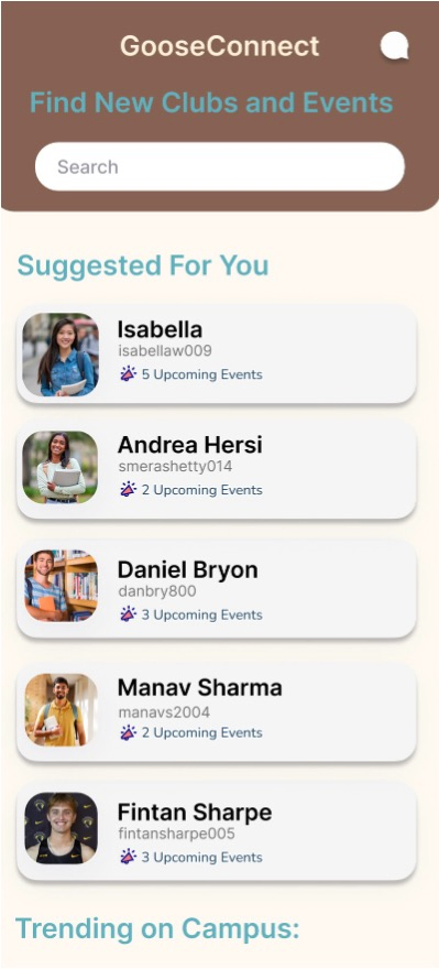 GooseConnect search screen for finding new clubs, events, and people