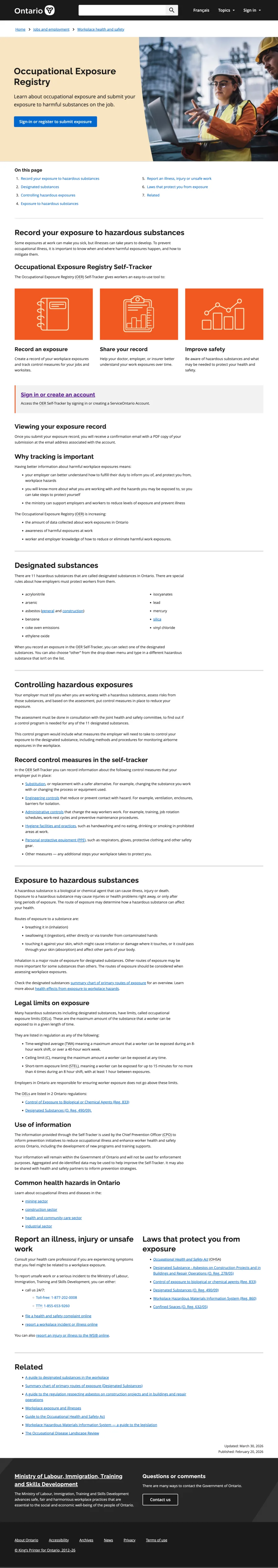 Ontario Occupational Exposure Registry Self-Tracker live website landing page showing the public-facing OER tool