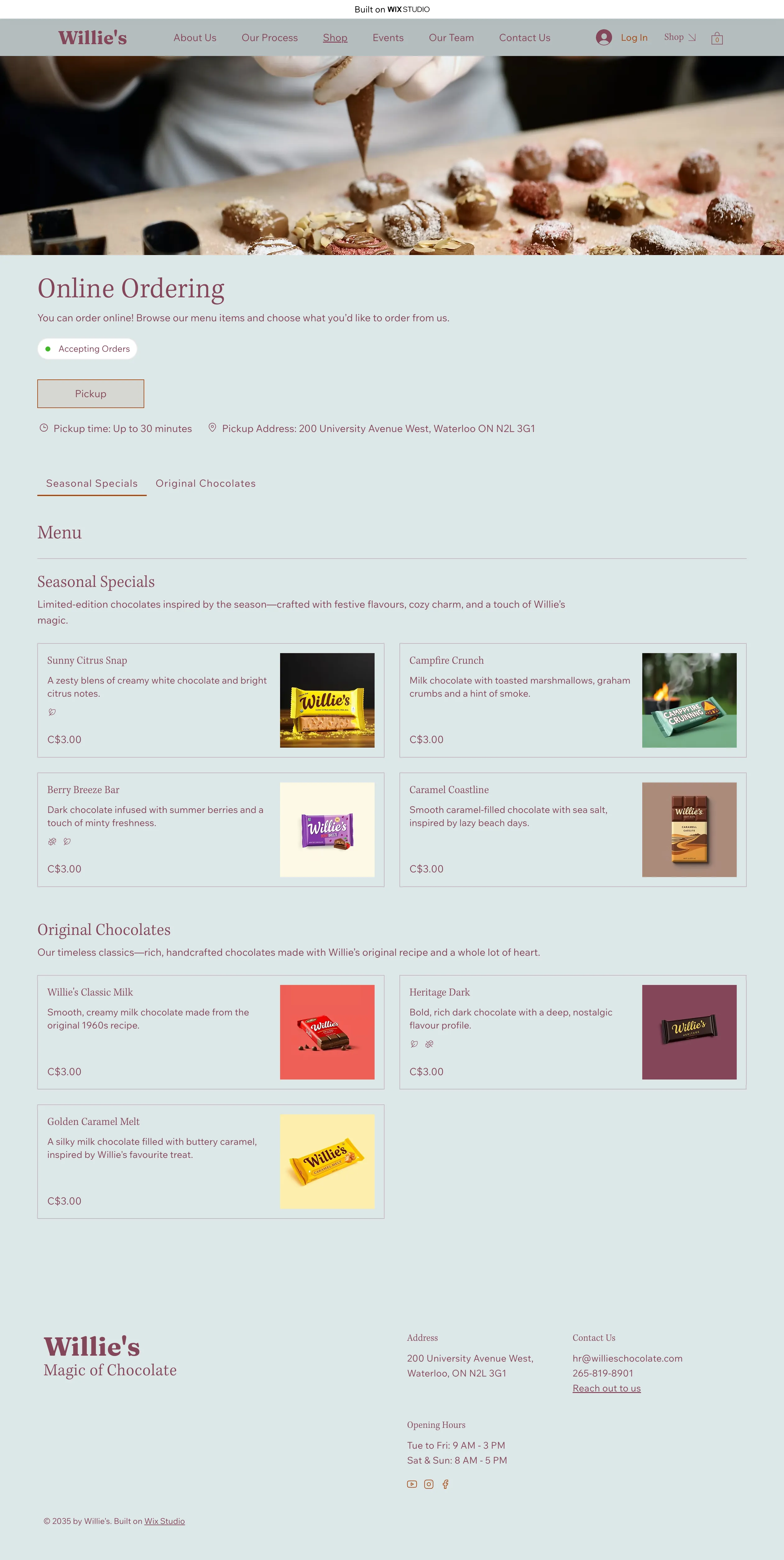 Willie's Chocolates online ordering page showing product listings and brand design