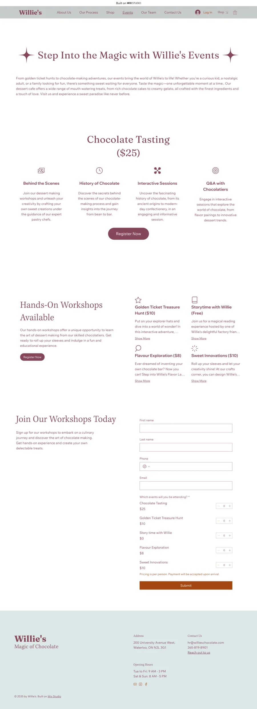 Willie's Chocolates events page showing workshop offerings and a registration form