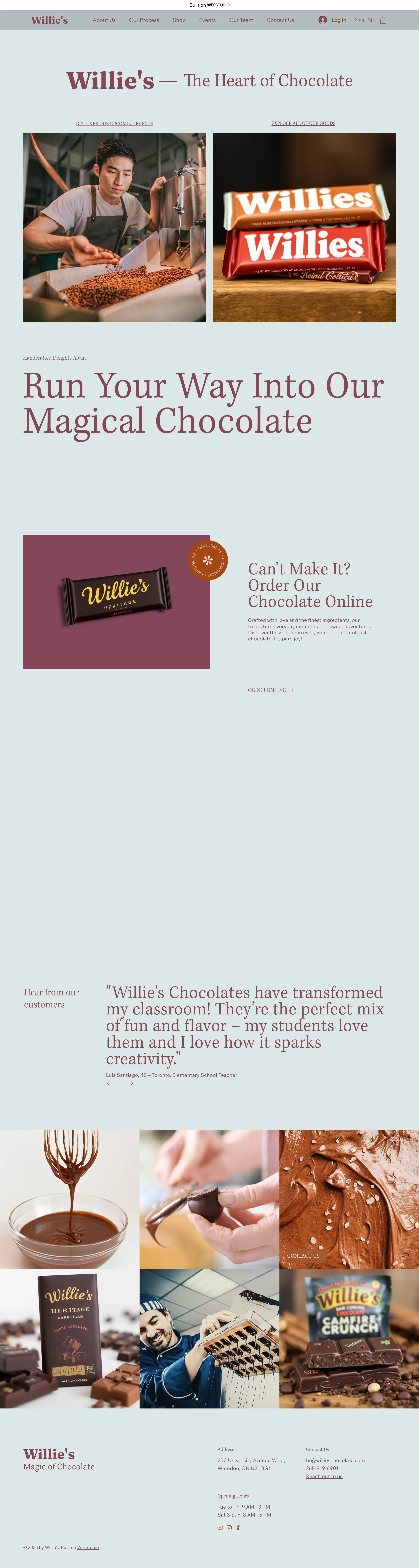 Willie's Chocolates website homepage demonstrating the full brand visual system